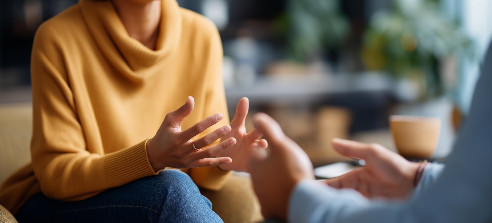 Angehörigenbegleitung und Trialoge Zwei Menschen sitzen einander gegenüber und unterhalten sich.