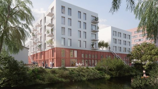 Eine Architektenzeichnung stellt den geplanten Gebäudekomplex dar.