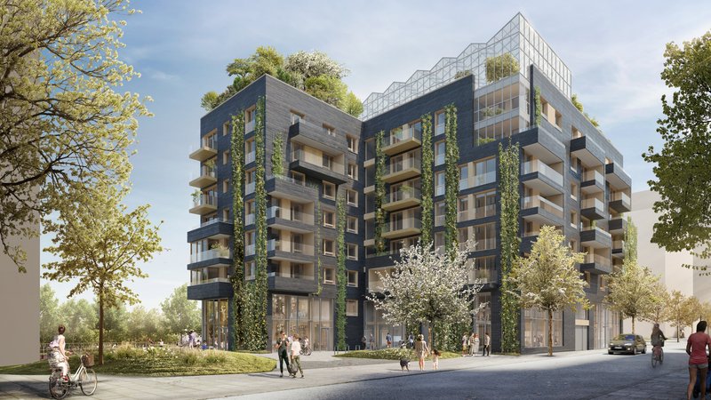 Auf einem mehrstöckigen Gebäude ist ein Dachgarten zu sehen.äude